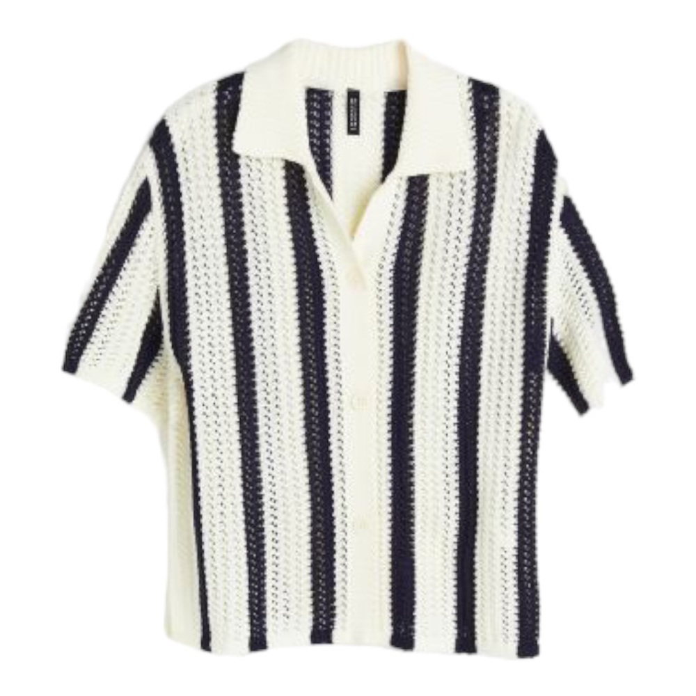 H&M Cream and Navy Striped Short-Sleeve Knit Cardigan - Picture 2 of 16